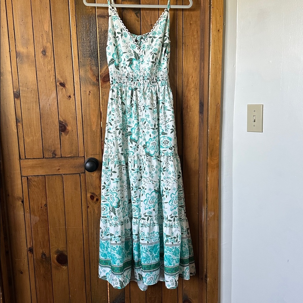 Floral Maxi Dress with Green and White Pattern